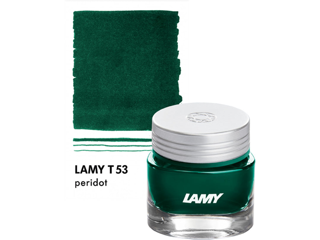 LAMY T53 Crystal Fountain Pen Ink Bottle Peridot 30ml with Peridot ink colour swatch
