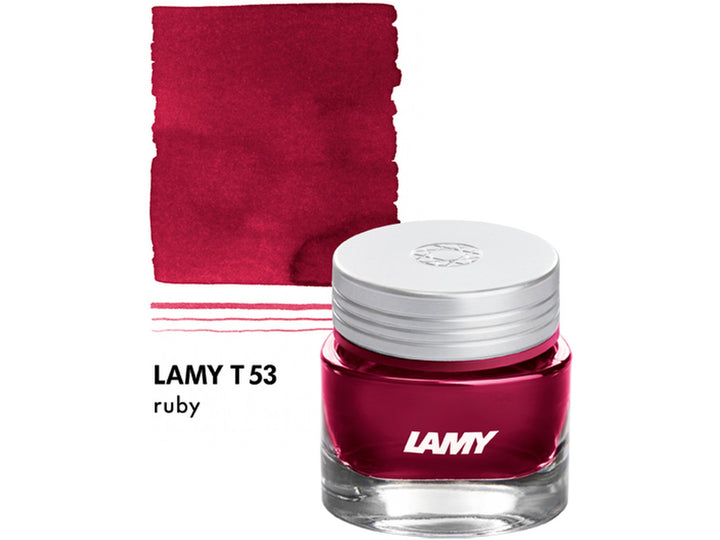LAMY T53 Crystal Fountain Pen Ink Bottle Ruby 30ml with Ruby ink colour swatch