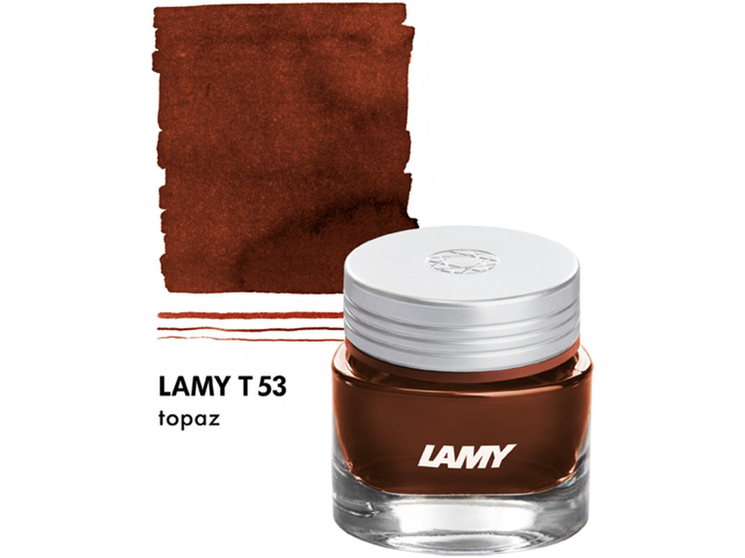 LAMY T53 Crystal Fountain Pen Ink Bottle Topaz 30ml with Topaz ink colour swatch