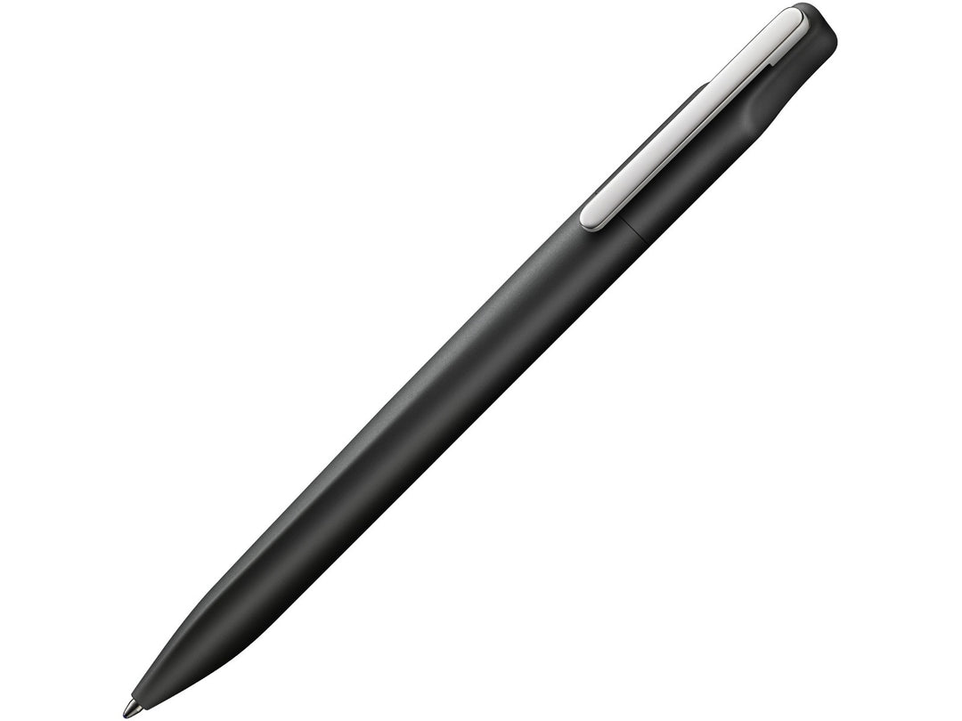 LAMY xevo ballpoint pen in black with ergonomic triangular grip, spring-loaded metal clip and twist-action mechanism