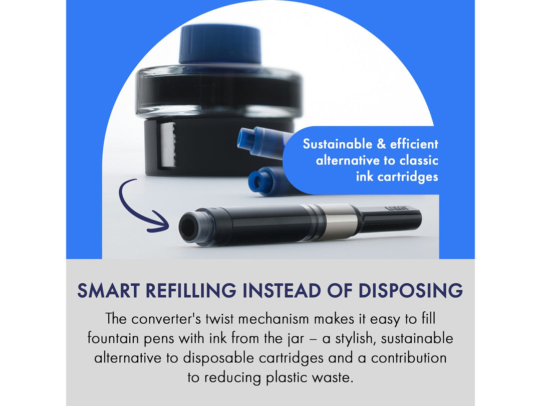 LAMY Z27 converter promotional image showing bottled ink filling system and reusable alternative to disposable ink cartridges
