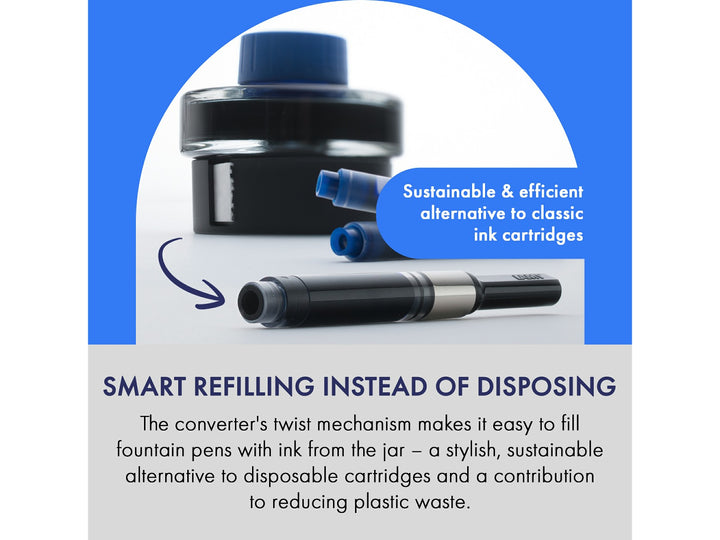 LAMY Z27 converter promotional image showing bottled ink filling system and reusable alternative to disposable ink cartridges