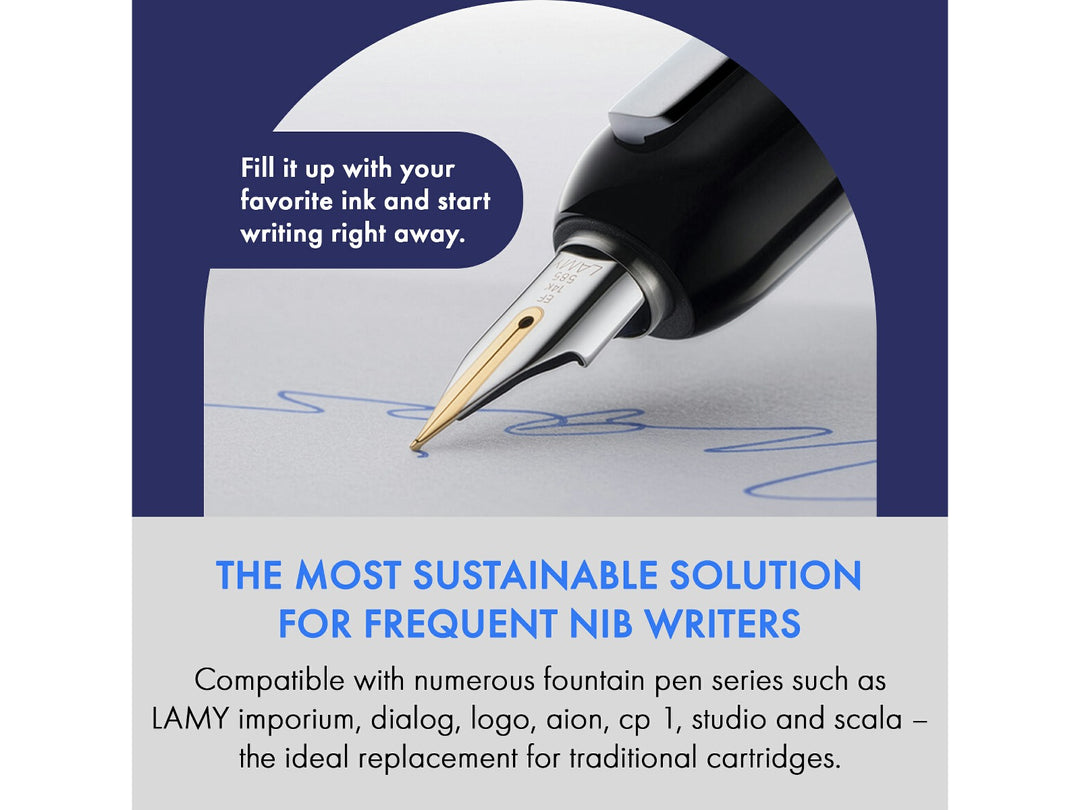LAMY Z27 converter promotional image showing compatibility with premium LAMY fountain pens and reusable bottled ink filling