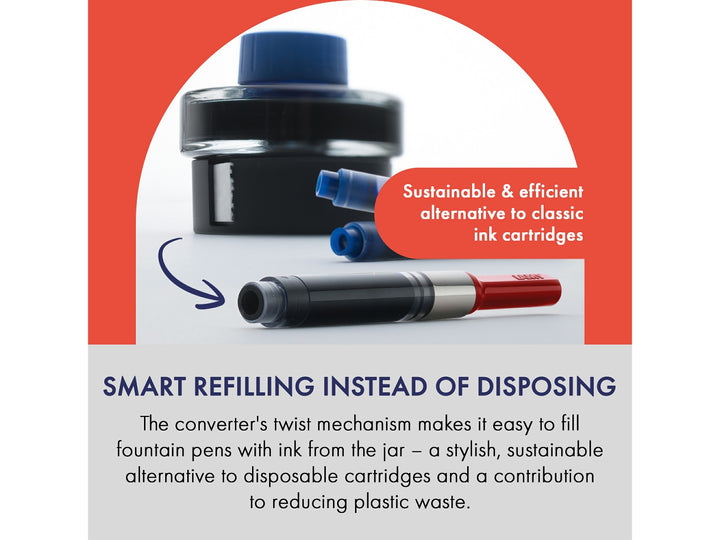 LAMY Z28 fountain pen converter demonstrating bottled ink filling and reusable cartridge-free writing system