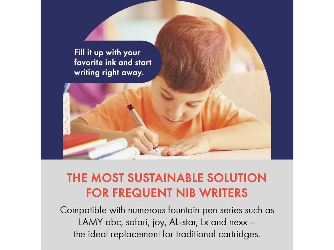 LAMY Z28 converter for LAMY fountain pens demonstrating refillable bottled ink filling and sustainable everyday writing
