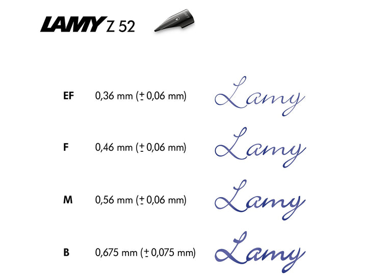 LAMY Z52 fountain pen nib size comparison guide showing Extra Fine, Fine, Medium and Broad writing samples