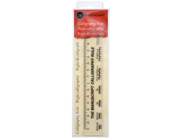 Manuscript calligraphy rule retail packaging showing clear Perspex ruler with measurement markings and nib spacing guides