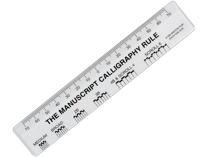 Manuscript calligraphy rule clear Perspex ruler shown diagonally with measurement markings and nib spacing guides