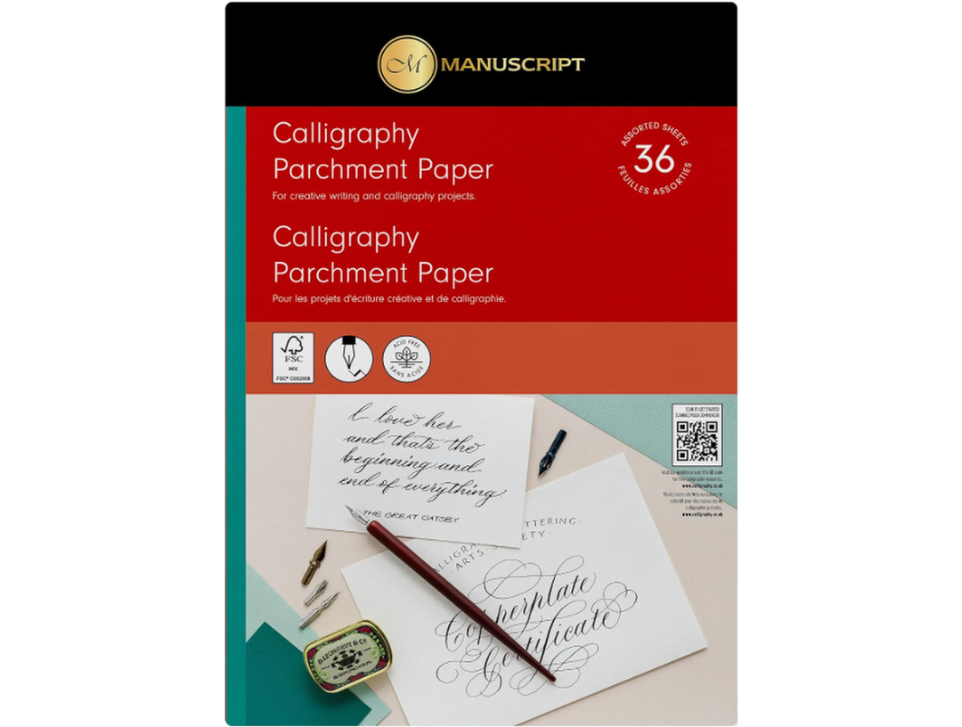Manuscript calligraphy parchment paper pad showing 36 sheet packaging with decorative script writing example and tools