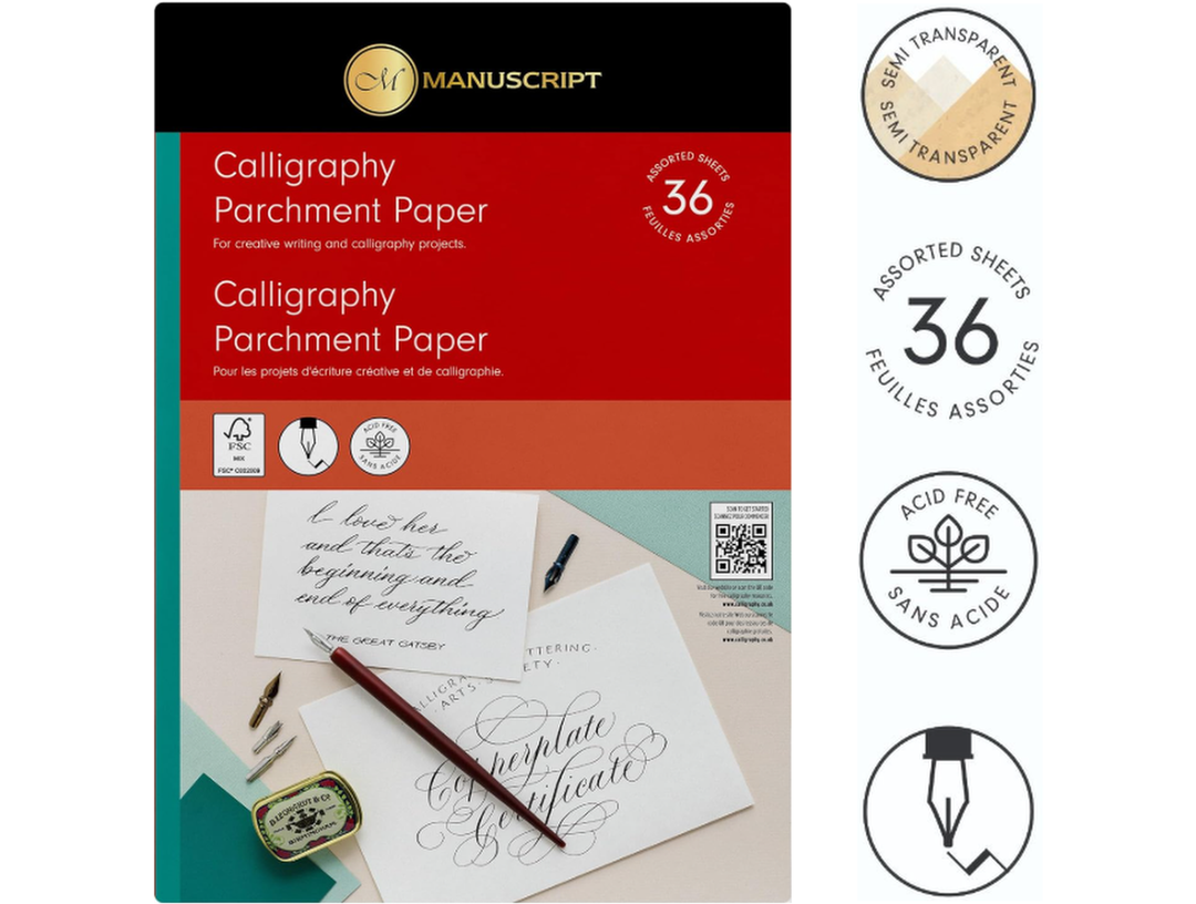 Manuscript calligraphy parchment paper pad packaging showing 36 sheets and decorative writing sample