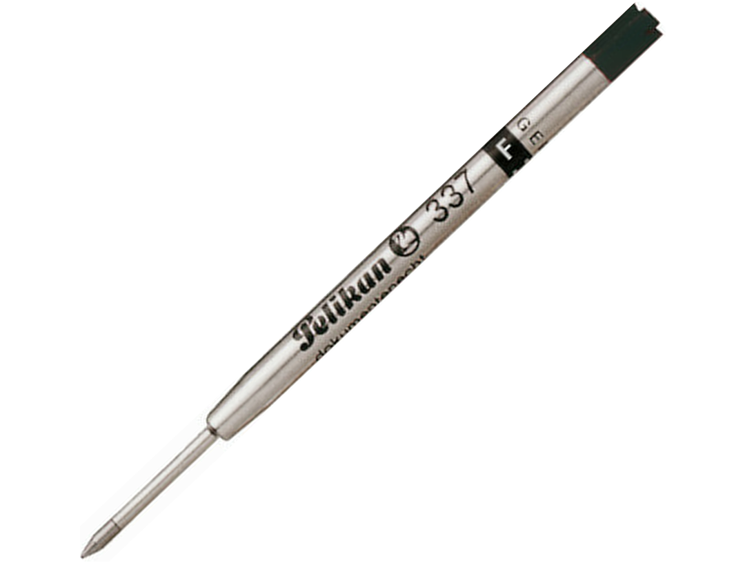 Pelikan 337 giant ballpoint refill showing silver cartridge body with black fine tip and Pelikan branding