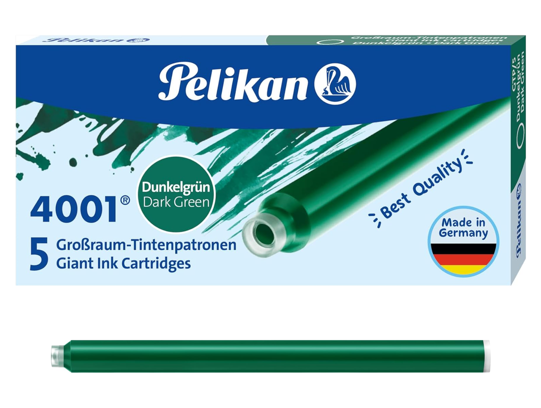 Pelikan 4001 giant ink cartridges dark green packaging with single large capacity cartridge displayed below