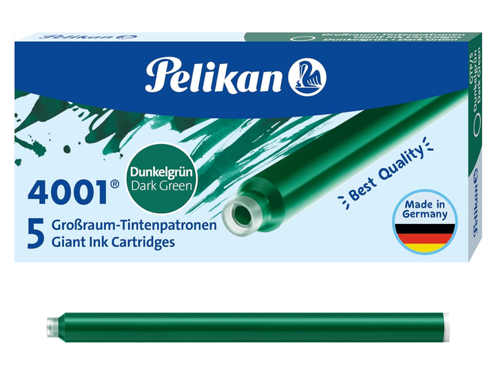 Pelikan 4001 giant ink cartridges dark green packaging with single large capacity cartridge displayed below