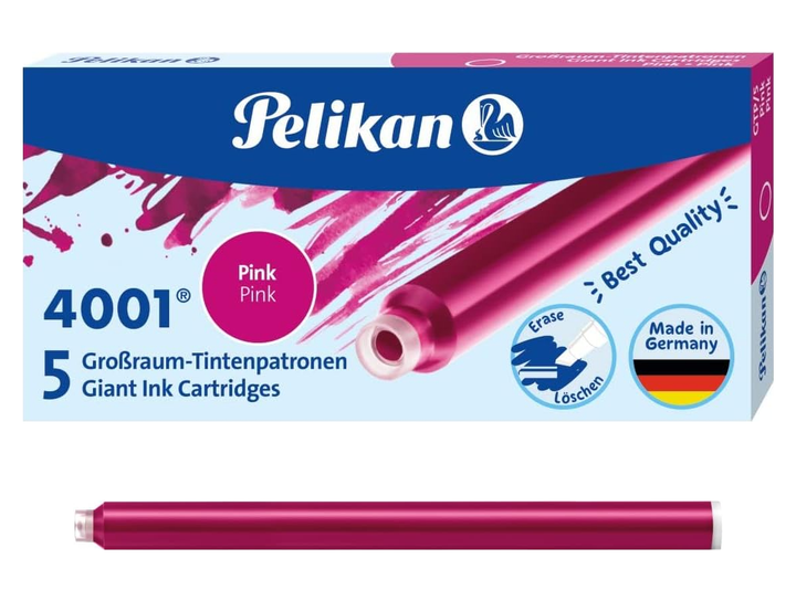 Pelikan 4001 giant ink cartridges pink packaging with single large capacity cartridge displayed below