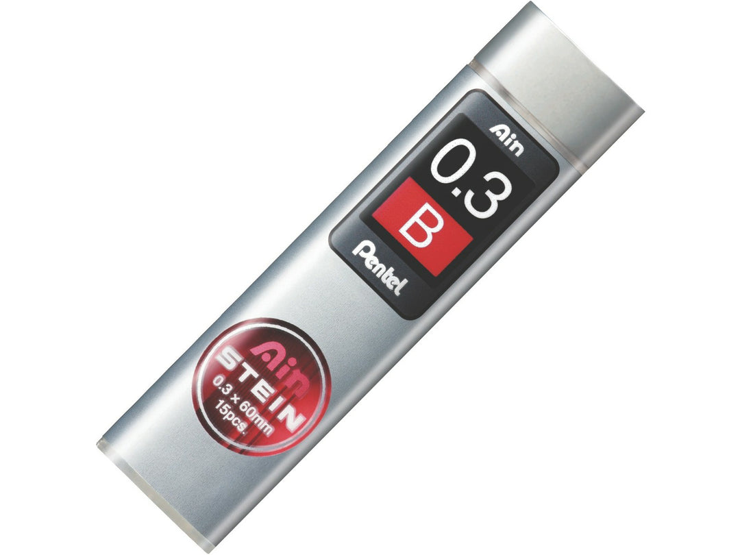 Pentel Ain Stein 0.3mm B Mechanical Pencil Leads, featuring a refill tube containing 15 break-resistant graphite leads with Pentel Ain Stein reinforcement technology for smooth writing, drafting and precision technical drawing