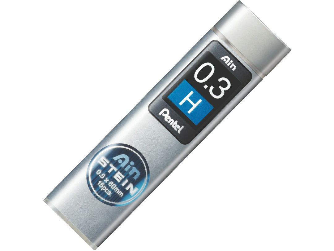 Pentel Ain Stein 0.3mm H Mechanical Pencil Leads, featuring a refill tube containing 15 break-resistant graphite leads with Pentel Ain Stein reinforcement technology for precision writing, drafting and technical drawing