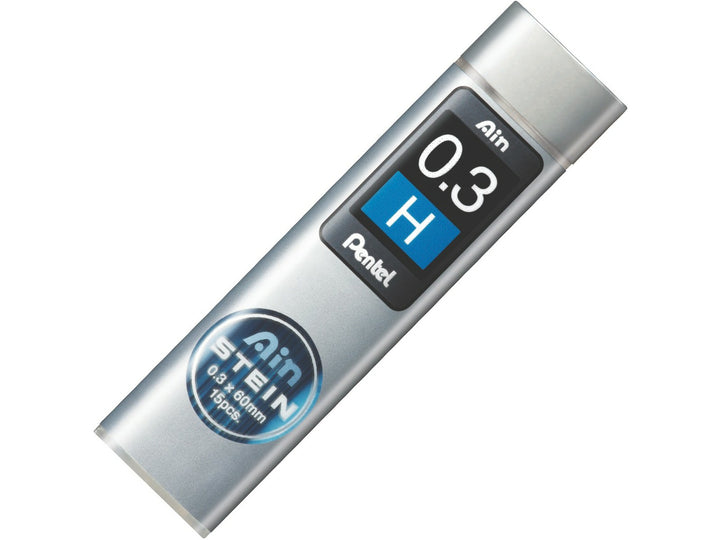 Pentel Ain Stein 0.3mm H Mechanical Pencil Leads, featuring a refill tube containing 15 break-resistant graphite leads with Pentel Ain Stein reinforcement technology for precision writing, drafting and technical drawing