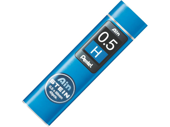 Pentel Ain Stein 0.5mm H Mechanical Pencil Leads, featuring a refill tube containing 40 break-resistant graphite leads with Pentel Ain Stein reinforcement technology for smooth writing, drafting and precision technical drawing