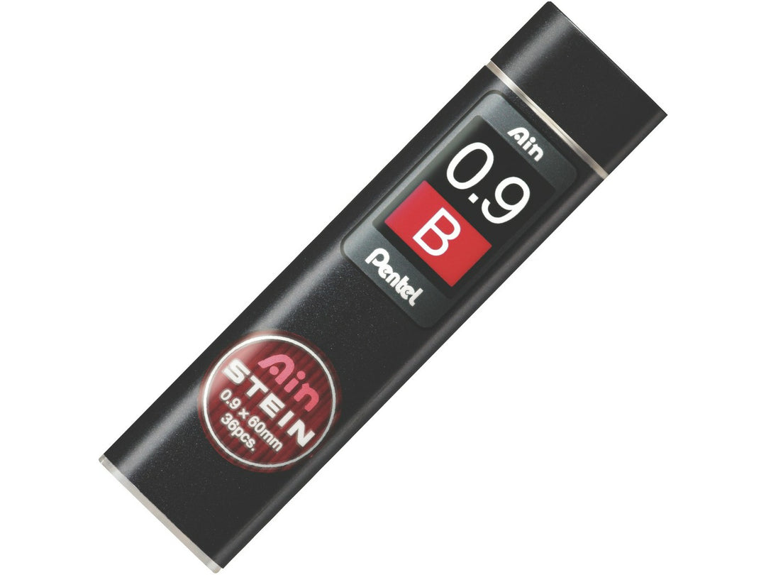 Pentel Ain Stein 0.9mm B Mechanical Pencil Leads, featuring a refill tube containing 36 break-resistant graphite leads with Pentel Ain Stein reinforcement technology for dark, smooth writing, sketching and everyday mechanical pencil use