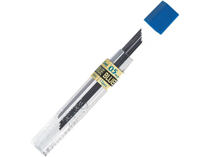 Pentel Coloured Pencil Leads 0.5mm Blue, featuring a refill tube containing 12 blue coloured leads for compatible 0.5mm mechanical pencils, ideal for colour coding, note-taking, marking documents and everyday writing without sharpening