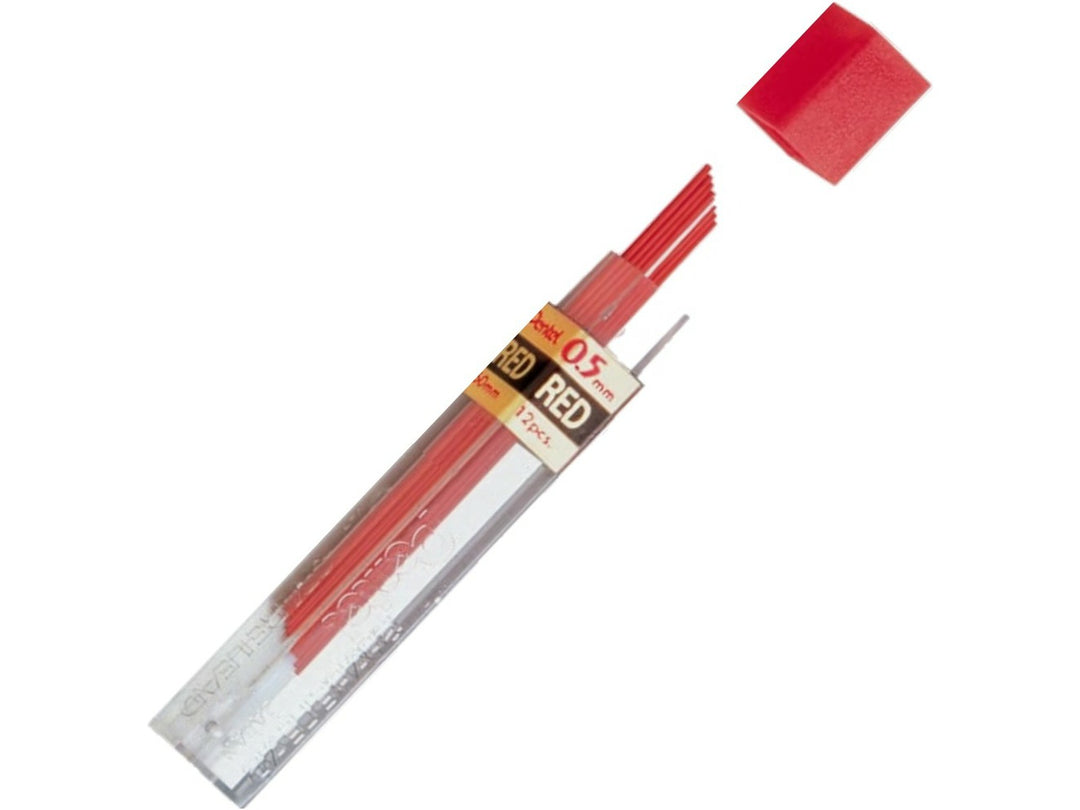 Pentel Coloured Pencil Leads 0.5mm Red, featuring a refill tube containing 12 red coloured leads for compatible 0.5mm mechanical pencils, ideal for colour coding, annotations, marking documents and everyday writing without sharpening