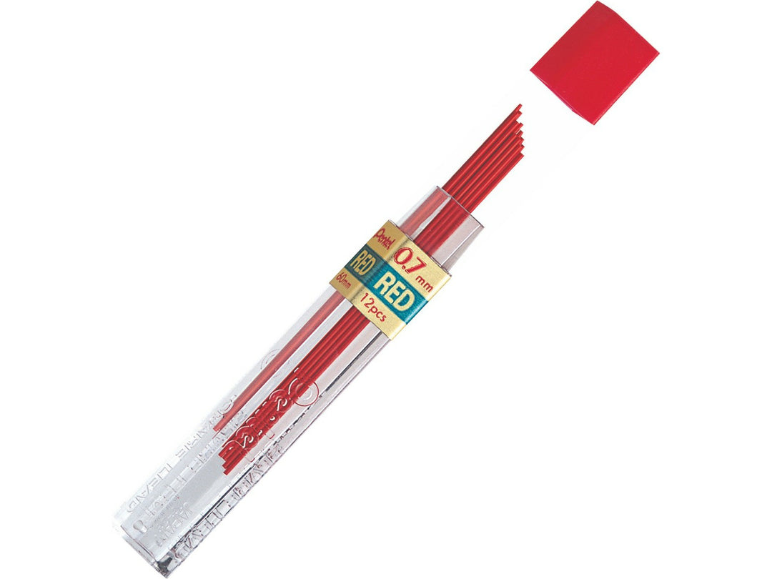Pentel Coloured Pencil Leads 0.7mm Red, featuring a refill tube containing 12 red coloured leads for compatible 0.7mm mechanical pencils, ideal for colour coding, marking documents, annotations and everyday writing without sharpening