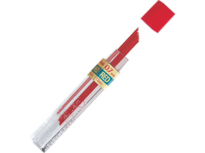 Pentel Coloured Pencil Leads 0.7mm Red, featuring a refill tube containing 12 red coloured leads for compatible 0.7mm mechanical pencils, ideal for colour coding, marking documents, annotations and everyday writing without sharpening