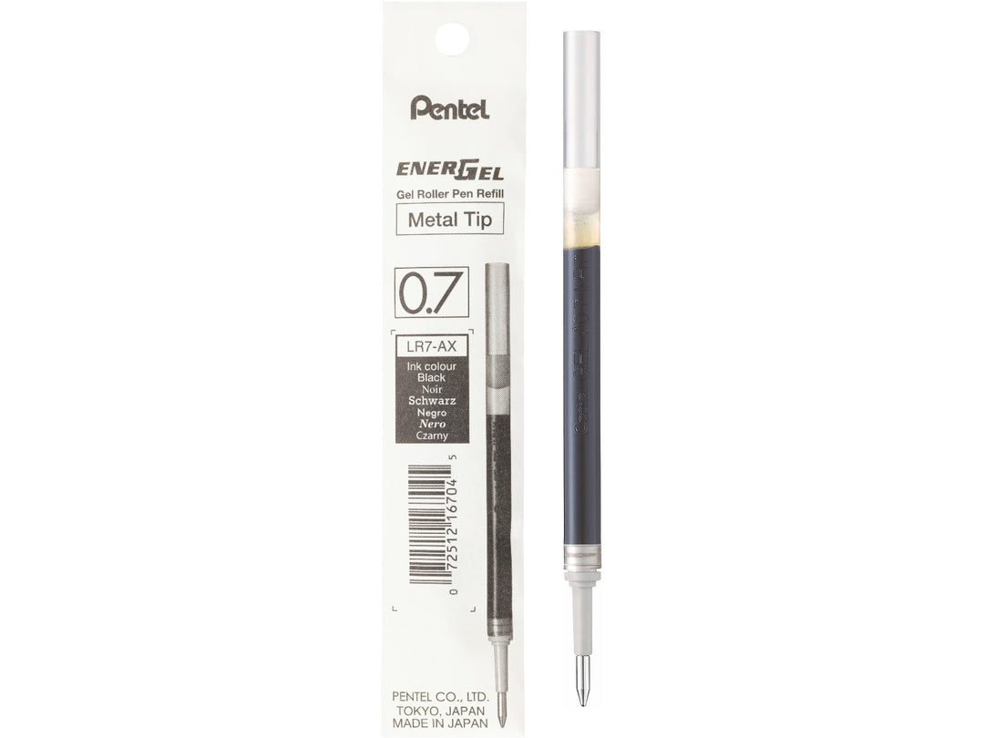 Pentel EnerGel LR7 0.7mm black gel roller refill with metal tip, featuring fast-drying liquid gel ink and genuine Pentel packaging, designed for compatible EnerGel and Sterling rollerball pens