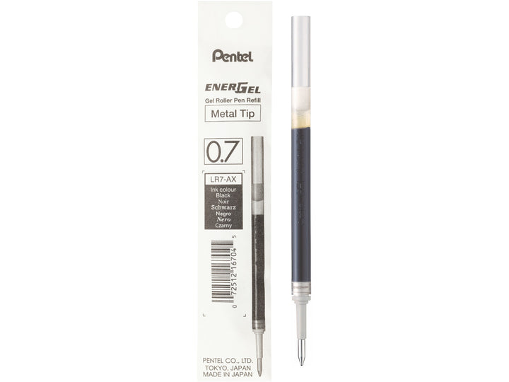 Pentel EnerGel LR7 0.7mm black gel roller refill with metal tip, featuring fast-drying liquid gel ink and genuine Pentel packaging, designed for compatible EnerGel and Sterling rollerball pens