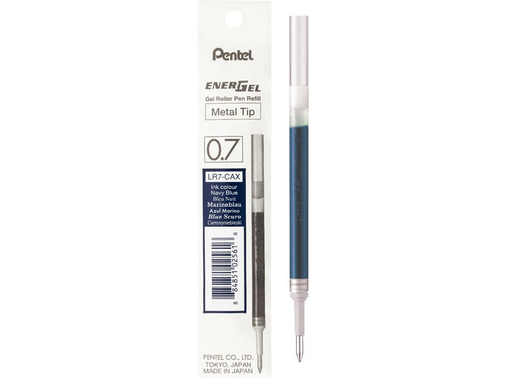 Pentel EnerGel LR7 0.7mm blue/black gel roller refill with metal tip, featuring fast-drying liquid gel ink and genuine Pentel packaging, designed for compatible EnerGel and Sterling rollerball pens
