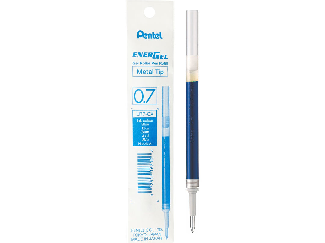 Pentel EnerGel LR7 0.7mm blue gel roller refill with metal tip, featuring fast-drying liquid gel ink and genuine Pentel packaging, designed for compatible EnerGel and Sterling rollerball pens