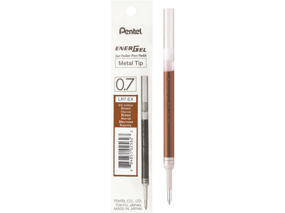 Pentel EnerGel LR7 0.7mm brown gel roller refill with metal tip, featuring fast-drying liquid gel ink and genuine Pentel packaging, designed for compatible EnerGel and Sterling rollerball pens