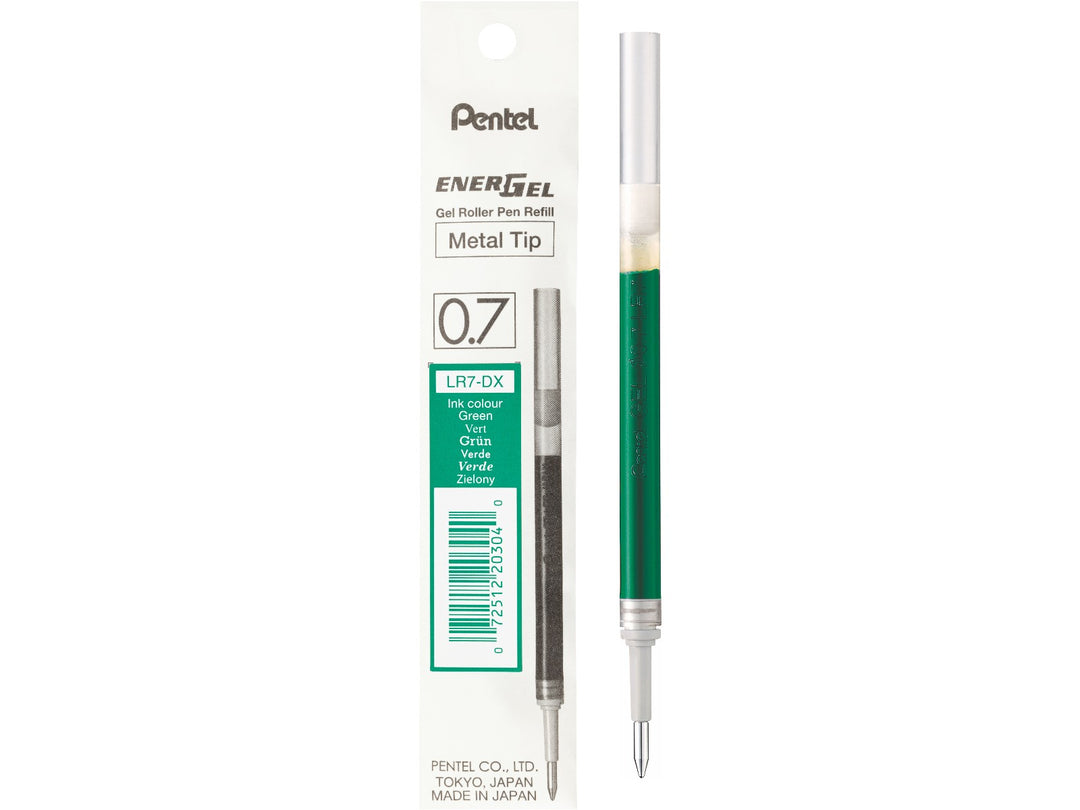 Pentel EnerGel LR7 0.7mm green gel roller refill with metal tip, featuring fast-drying liquid gel ink and genuine Pentel packaging, designed for compatible EnerGel and Sterling rollerball pens