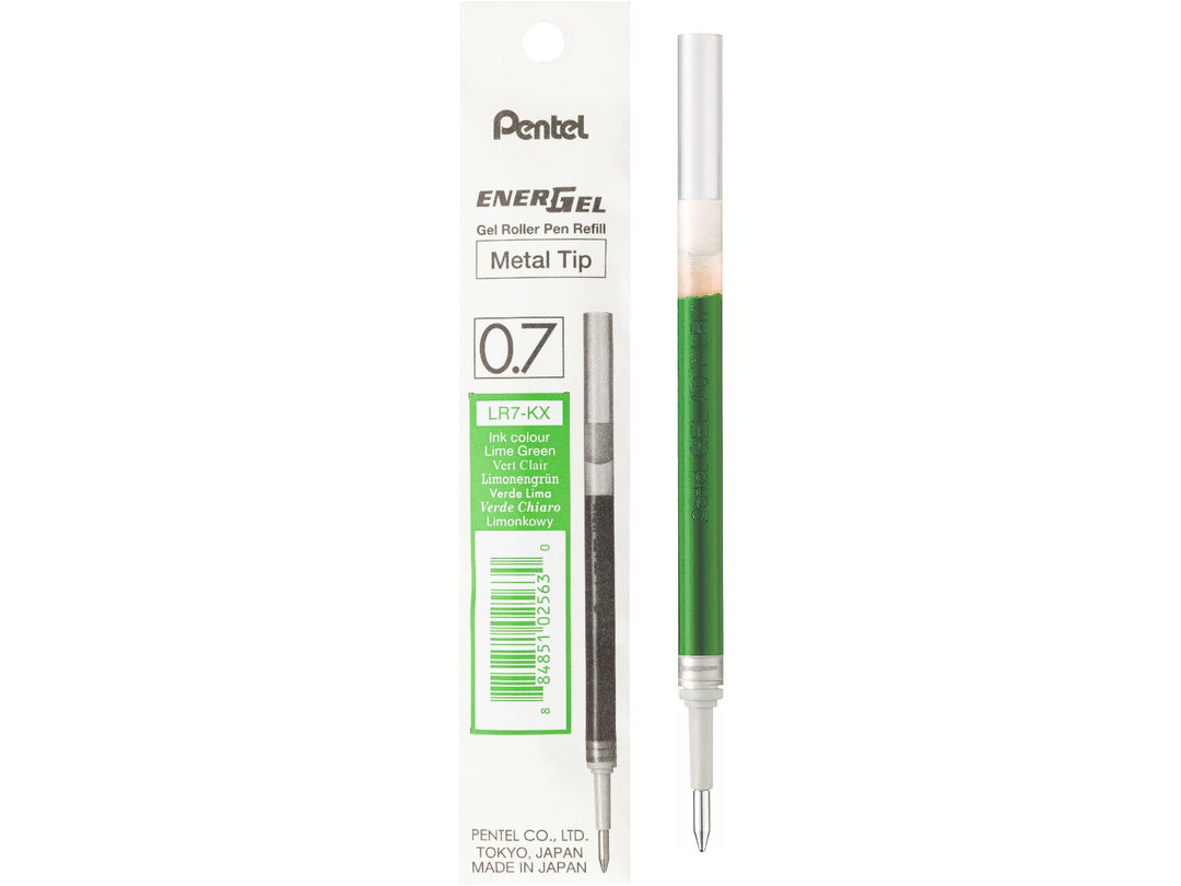Pentel EnerGel LR7 0.7mm lime green gel roller refill with metal tip, featuring fast-drying liquid gel ink and genuine Pentel packaging, designed for compatible EnerGel and Sterling rollerball pens