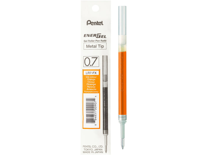 Pentel EnerGel LR7 0.7mm orange gel roller refill with metal tip, featuring fast-drying liquid gel ink and genuine Pentel packaging, designed for compatible EnerGel and Sterling rollerball pens