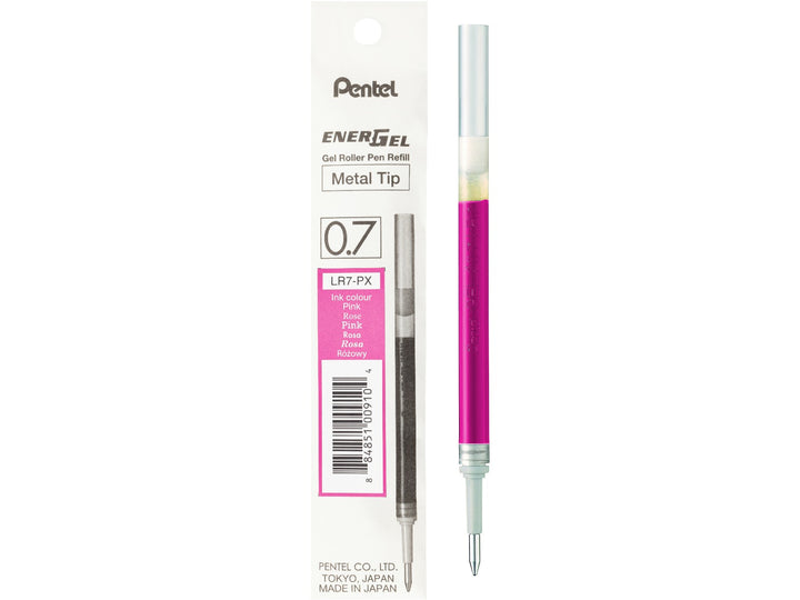 Pentel EnerGel LR7 0.7mm pink gel roller refill with metal tip, featuring fast-drying liquid gel ink and genuine Pentel packaging, designed for compatible EnerGel and Sterling rollerball pens