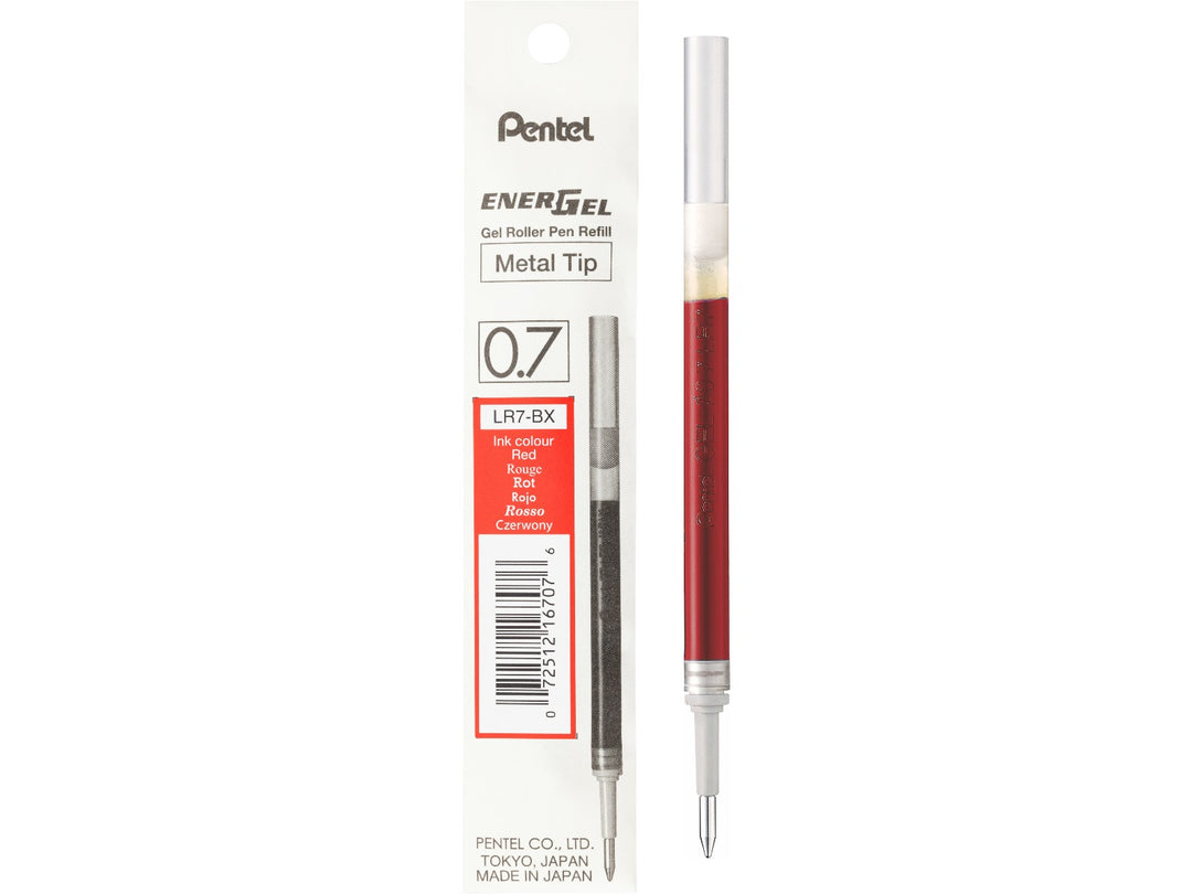 Pentel EnerGel LR7 0.7mm red gel roller refill with metal tip, featuring fast-drying liquid gel ink and genuine Pentel packaging, designed for compatible EnerGel and Sterling rollerball pens