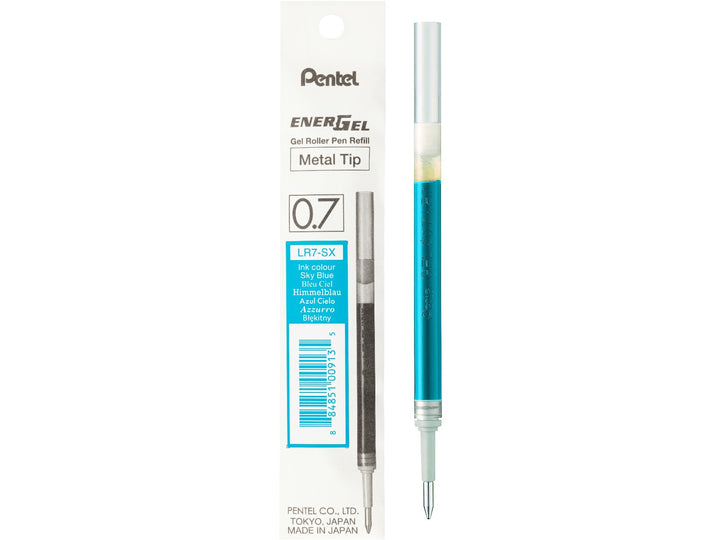 Pentel EnerGel LR7 0.7mm sky blue gel roller refill with metal tip, featuring fast-drying liquid gel ink and genuine Pentel packaging, designed for compatible EnerGel and Sterling rollerball pens