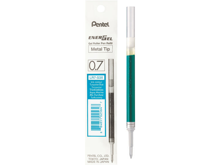 Pentel EnerGel LR7 0.7mm turquoise gel roller refill with metal tip, featuring fast-drying liquid gel ink and genuine Pentel packaging, designed for compatible EnerGel and Sterling rollerball pens