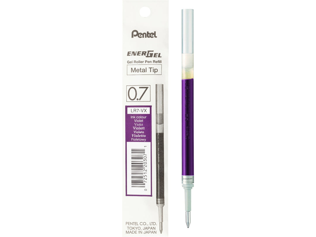 Pentel EnerGel LR7 0.7mm violet gel roller refill with metal tip, featuring fast-drying liquid gel ink and genuine Pentel packaging, designed for compatible EnerGel and Sterling rollerball pens