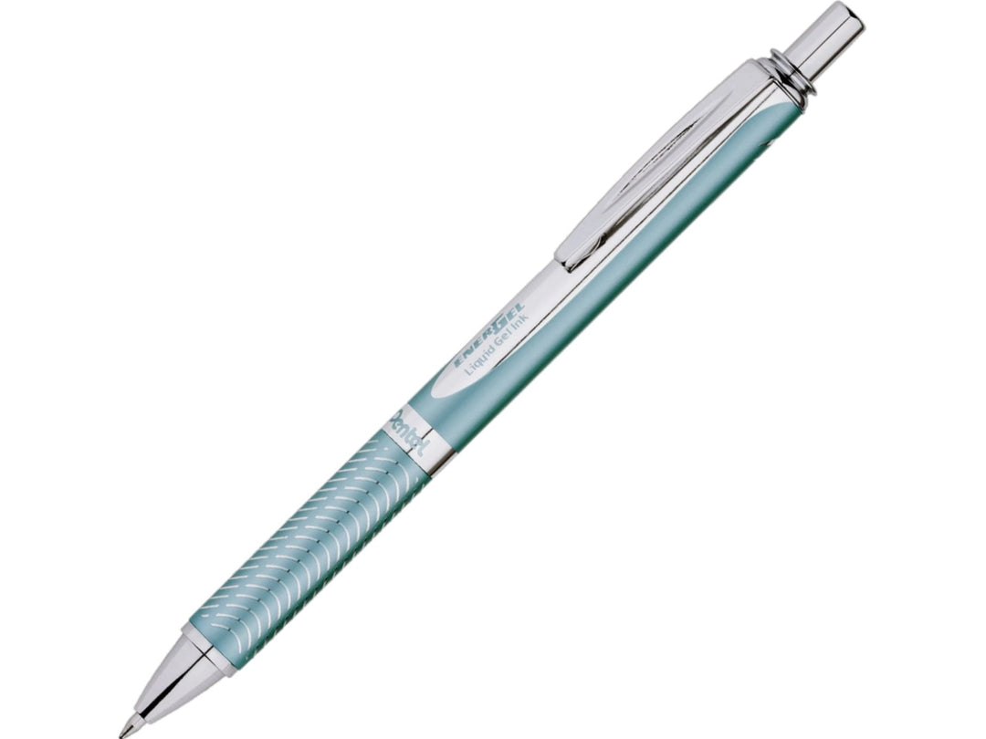 Pentel EnerGel Sterling Retractable Gel Roller Pen in Baby Blue, featuring a baby blue metallic barrel, chrome trim, retractable push-button mechanism, textured grip section and smooth-writing 0.7mm black EnerGel gel ink tip