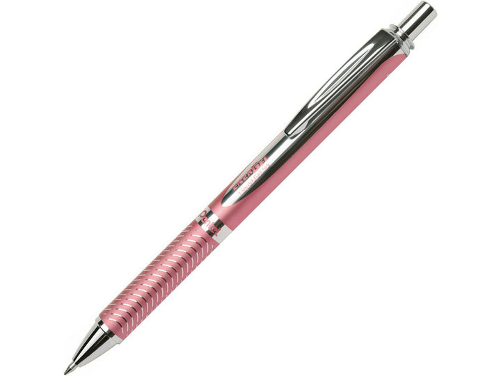 Pentel EnerGel Sterling Retractable Gel Roller Pen in Pink, featuring a pink metallic barrel, chrome trim, retractable push-button mechanism, textured grip section and smooth-writing 0.7mm black EnerGel gel ink tip