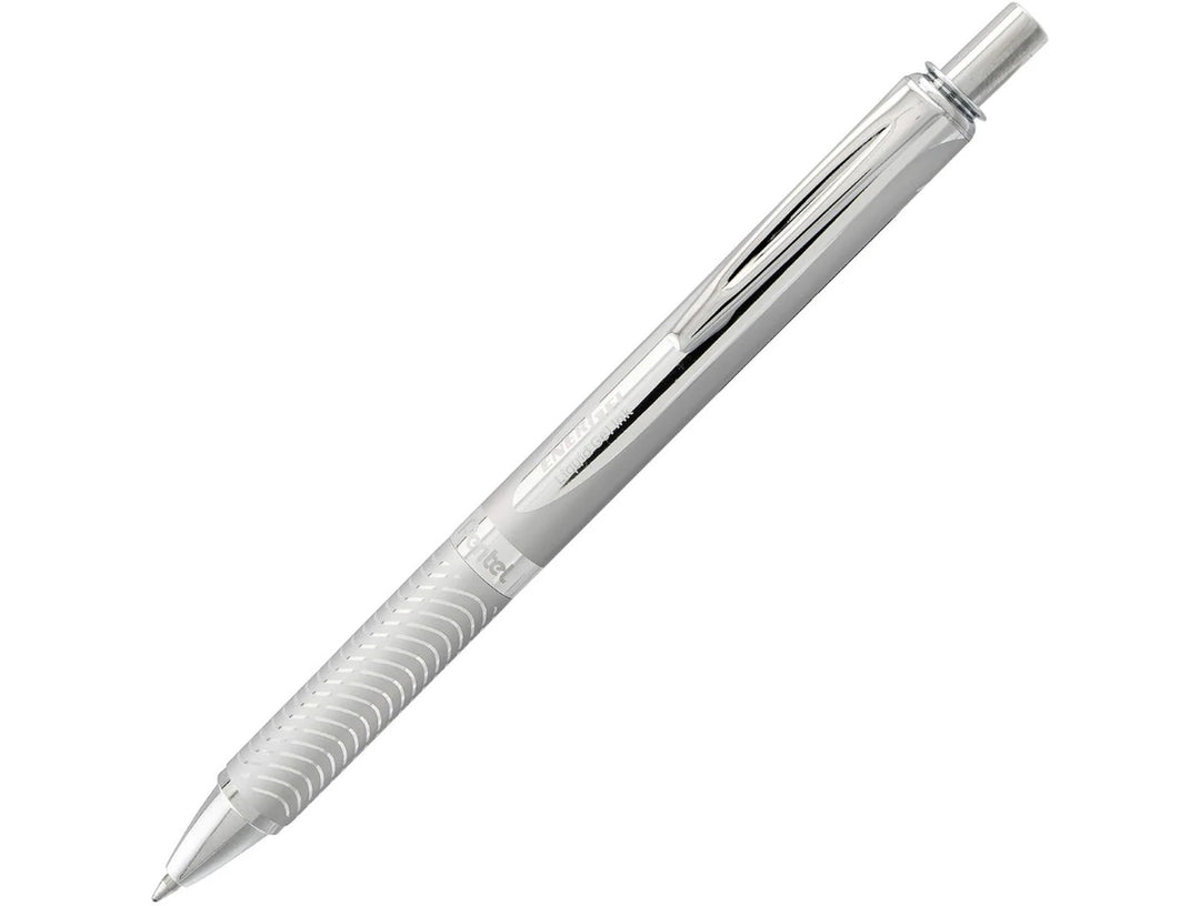 Pentel EnerGel Sterling Retractable Gel Roller Pen in Silver, featuring a silver metallic barrel, chrome trim, retractable push-button mechanism, textured grip section and smooth-writing 0.7mm black EnerGel gel ink tip