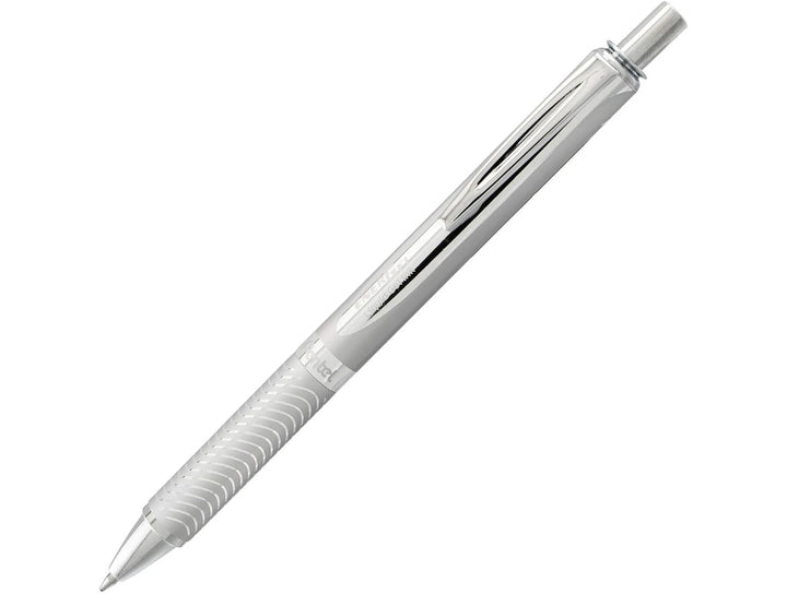 Pentel EnerGel Sterling Retractable Gel Roller Pen in Silver, featuring a silver metallic barrel, chrome trim, retractable push-button mechanism, textured grip section and smooth-writing 0.7mm black EnerGel gel ink tip