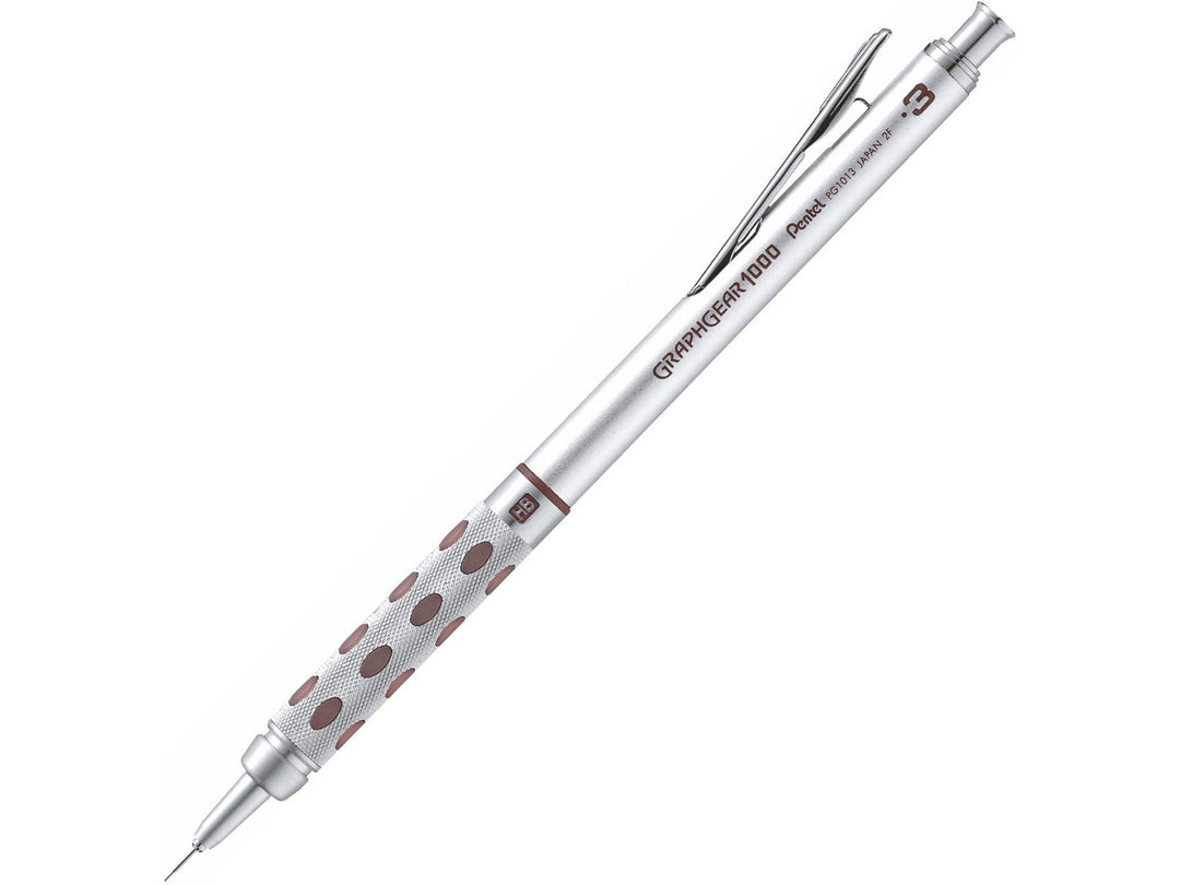 Pentel GraphGear 1000 Automatic Mechanical Pencil 0.3mm, featuring a precision drafting design, retractable lead sleeve, weighted metal grip with latex-free grip pads, pocket clip and refillable mechanical pencil mechanism with colour-coded 0.3mm identification accents