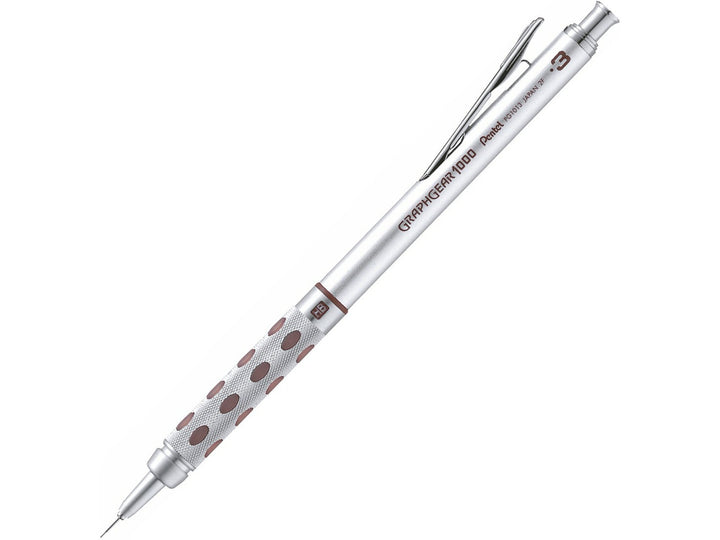 Pentel GraphGear 1000 Automatic Mechanical Pencil 0.3mm, featuring a precision drafting design, retractable lead sleeve, weighted metal grip with latex-free grip pads, pocket clip and refillable mechanical pencil mechanism with colour-coded 0.3mm identification accents