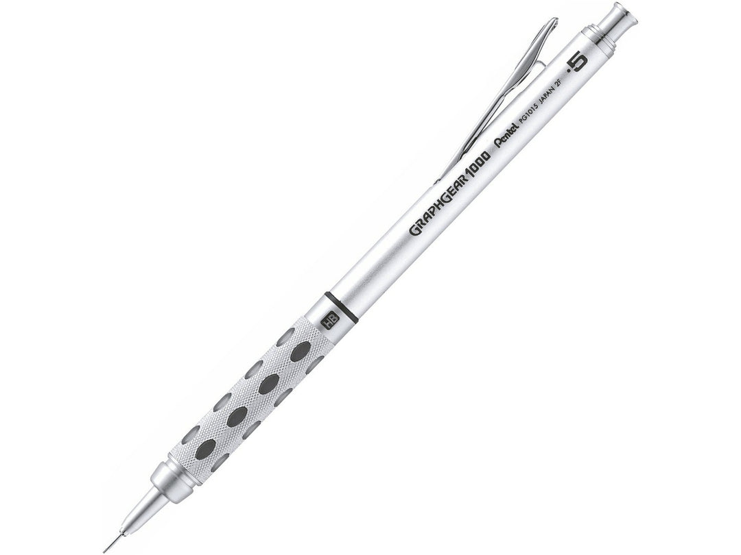 Pentel GraphGear 1000 Automatic Mechanical Pencil 0.5mm, featuring a precision drafting design, retractable lead sleeve, weighted metal grip with latex-free grip pads, pocket clip and refillable mechanical pencil mechanism