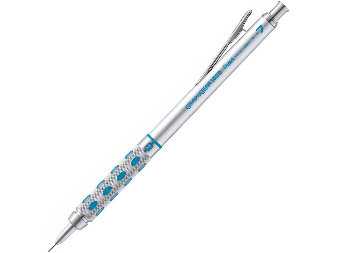 Pentel GraphGear 1000 Automatic Mechanical Pencil 0.7mm, featuring a precision drafting design, retractable lead sleeve, weighted metal grip with latex-free grip pads, pocket clip and refillable mechanical pencil mechanism with colour-coded blue 0.7mm identification accents