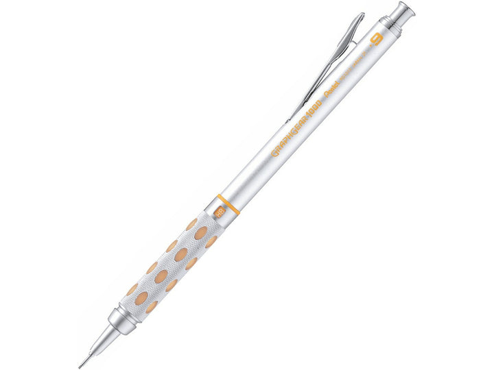Pentel GraphGear 1000 Automatic Mechanical Pencil 0.9mm, featuring a precision drafting design, retractable lead sleeve, weighted metal grip with latex-free grip pads, pocket clip and refillable mechanical pencil mechanism with colour-coded yellow 0.9mm identification accents