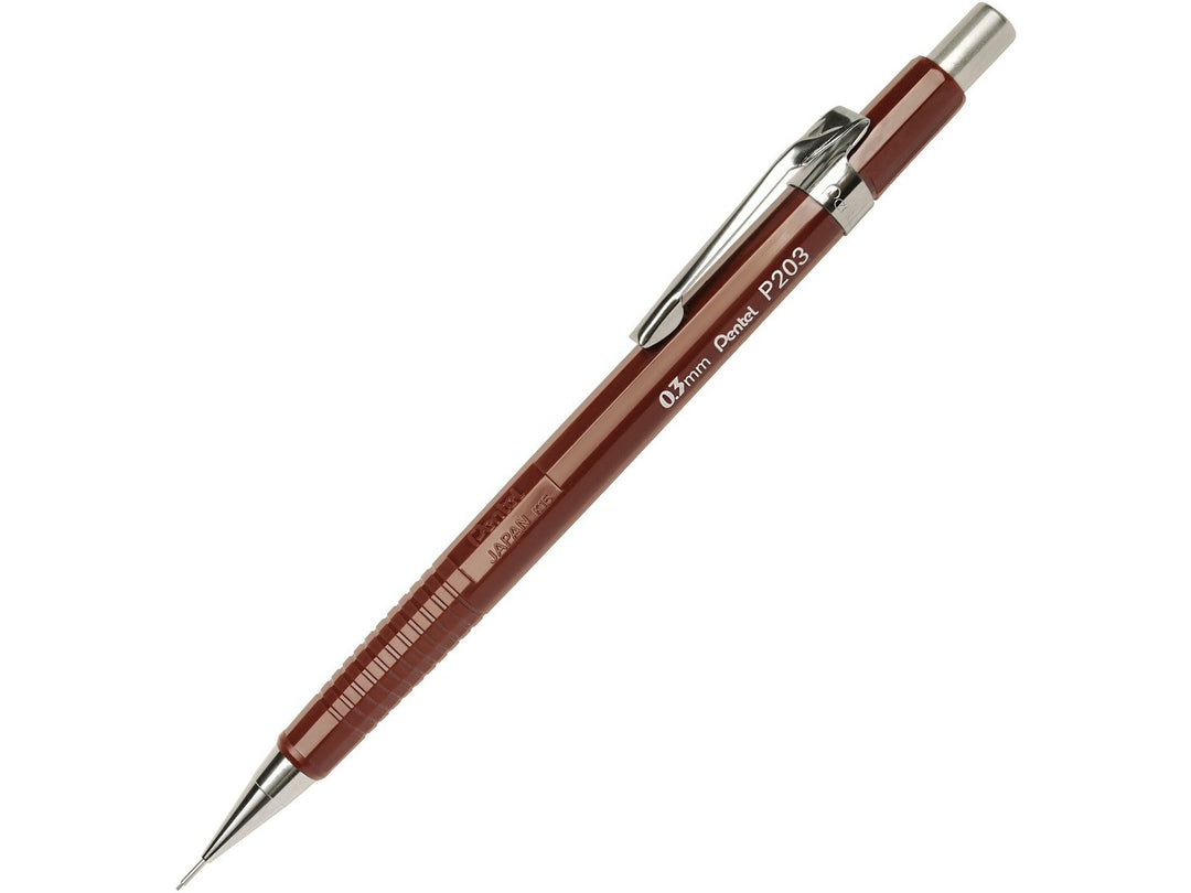 Pentel P203 Automatic Mechanical Pencil 0.3mm, featuring a lightweight brown barrel, fixed lead guidance sleeve, metal pocket clip, push-button mechanism and refillable design for precise writing, drafting and technical drawing